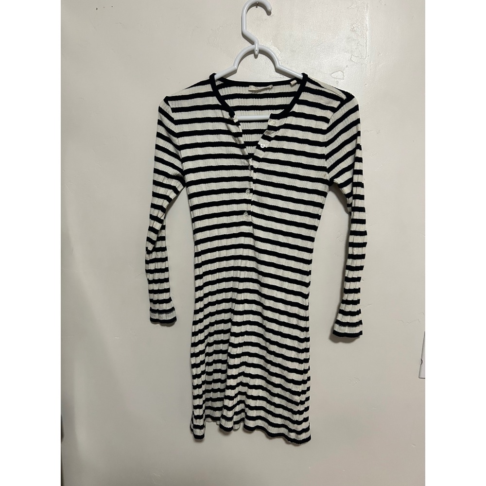 DOEN como Striped Ribbed Knit Henley Long Sleeve Mini Dress Cream Navy Blue M